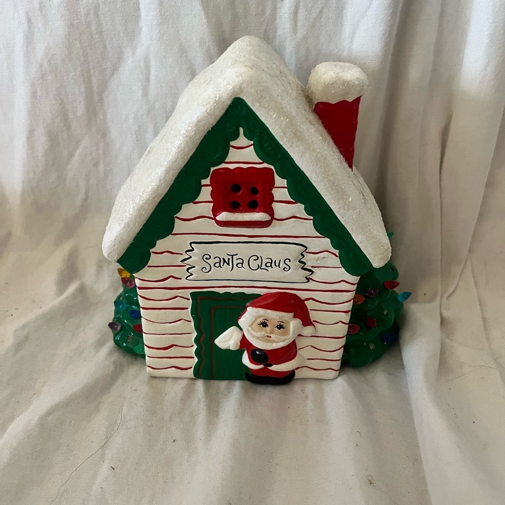 Vintage Christmas Village House Cabin with Santa Ceramic 6 X 6.5”